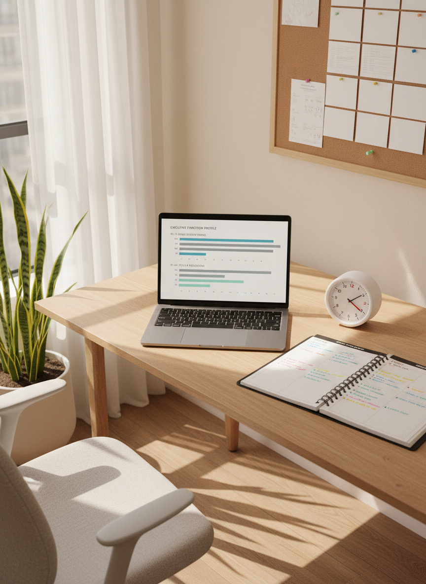 A tidy, minimalist home office featuring a light oak desk with a sleek laptop displaying a detailed ADHD assessment chart in soft blues and grays. Next to the laptop lies a structured weekly planner open to a page filled with carefully organized tasks, color-coded with fine-tip markers, and a small analog timer with a clean white face. The room is illuminated by diffused late-morning sunlight streaming through sheer white curtains, casting soft, predictable shadows. Shot in photographic realism from a slightly elevated angle, the composition follows the rule of thirds, emphasizing order, clarity, and calm productivity, subtly conveying the theme of managing executive function and creating supportive environments for women’s ADHD.