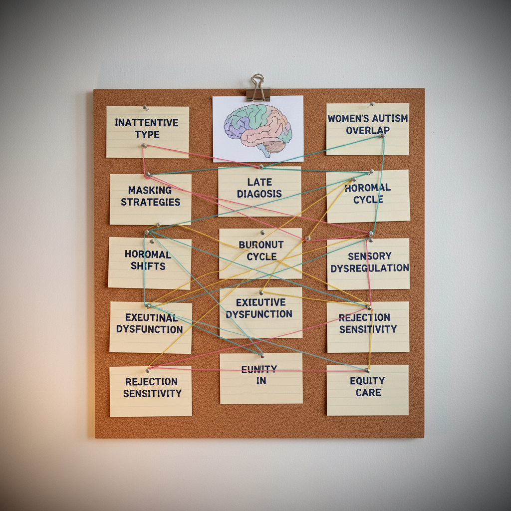 A close-up of a cork vision board mounted on a matte white wall, covered with neatly pinned index cards labeled with terms like “inattentive type,” “late diagnosis,” and “equity in care” in clear, printed handwriting. Color-coded strings connect related cards, weaving a subtle web of understanding. A slim metal clip holds a small printed brain illustration colored in pastel sections. The scene is lit by warm, soft desk lamp light from the lower left, creating gentle shadows that add depth and focus. Photographic realism, shot straight-on with sharp focus and a narrow vignette, establishing a thoughtful, research-oriented mood that highlights the complexity and interconnection of women’s ADHD experiences without any human presence.