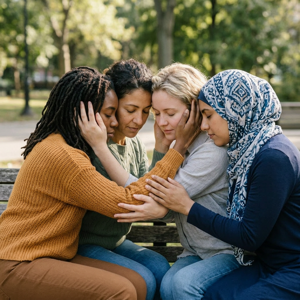 Group of women holding each other's temples