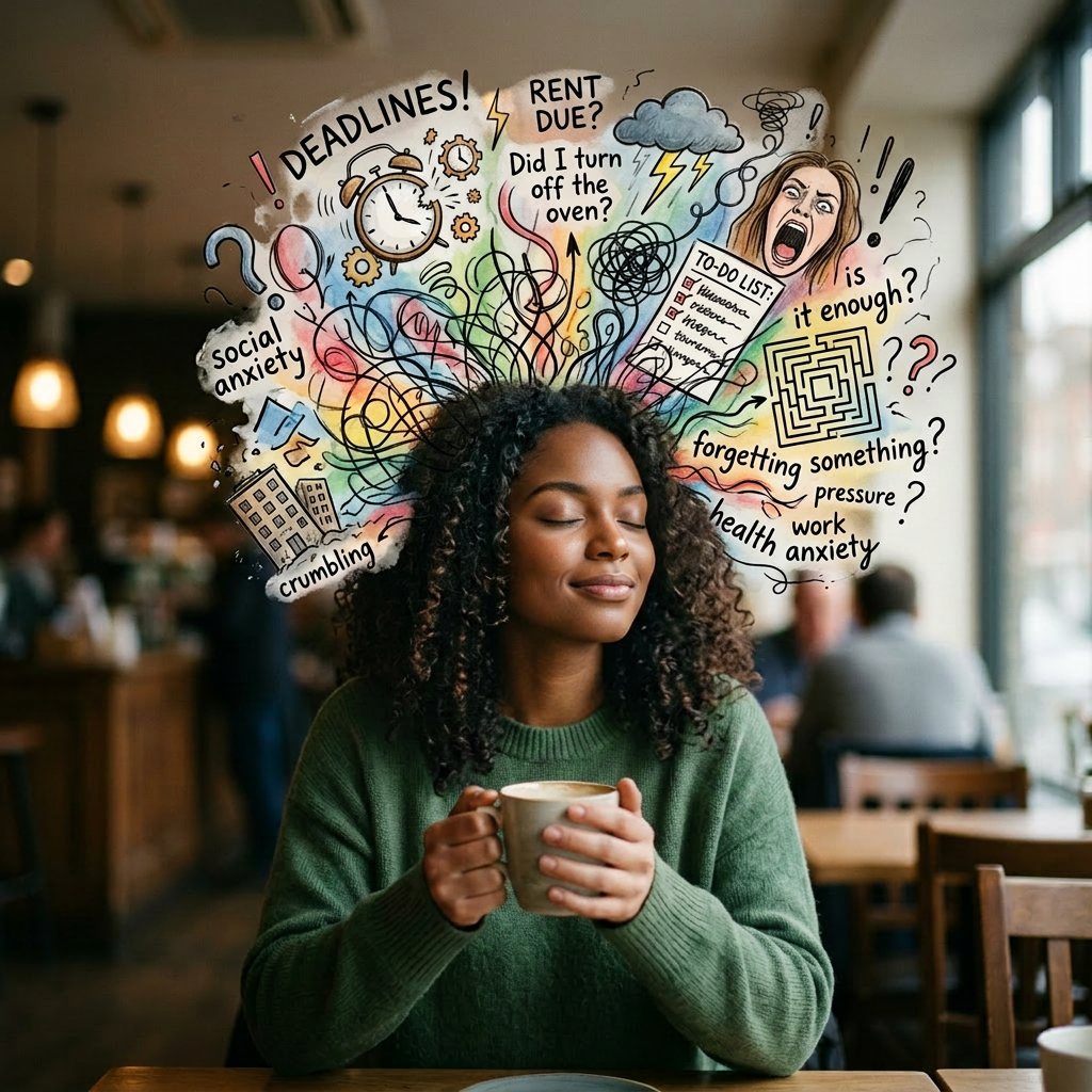 A woman holding a cup with eyes closed surrounded by illustrations of stress factors and anxiety