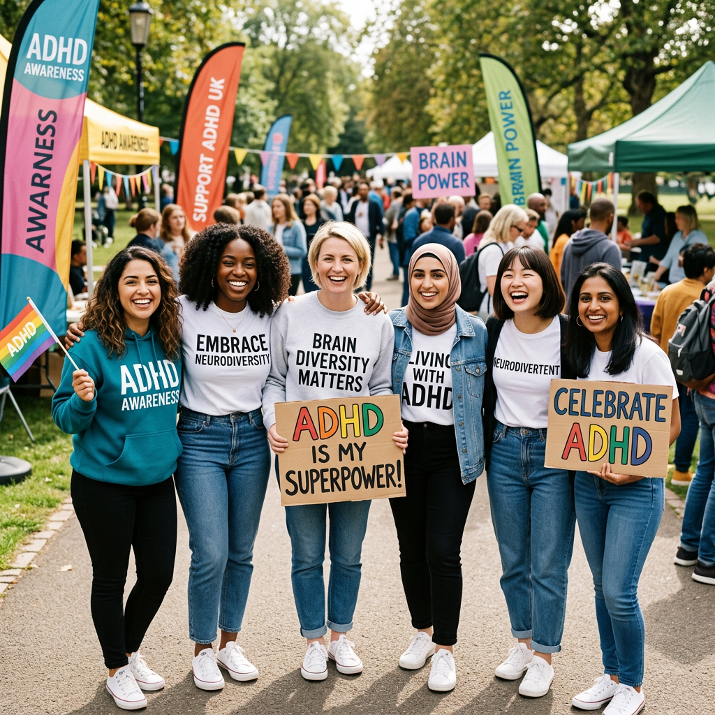 Group of six diverse people smiling at an ADHD awareness event holding supportive signs and a flag