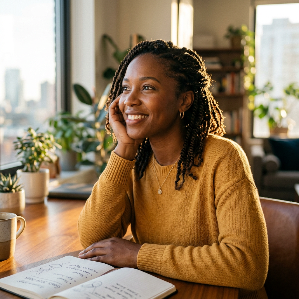 Black woman thinking and smiling about future